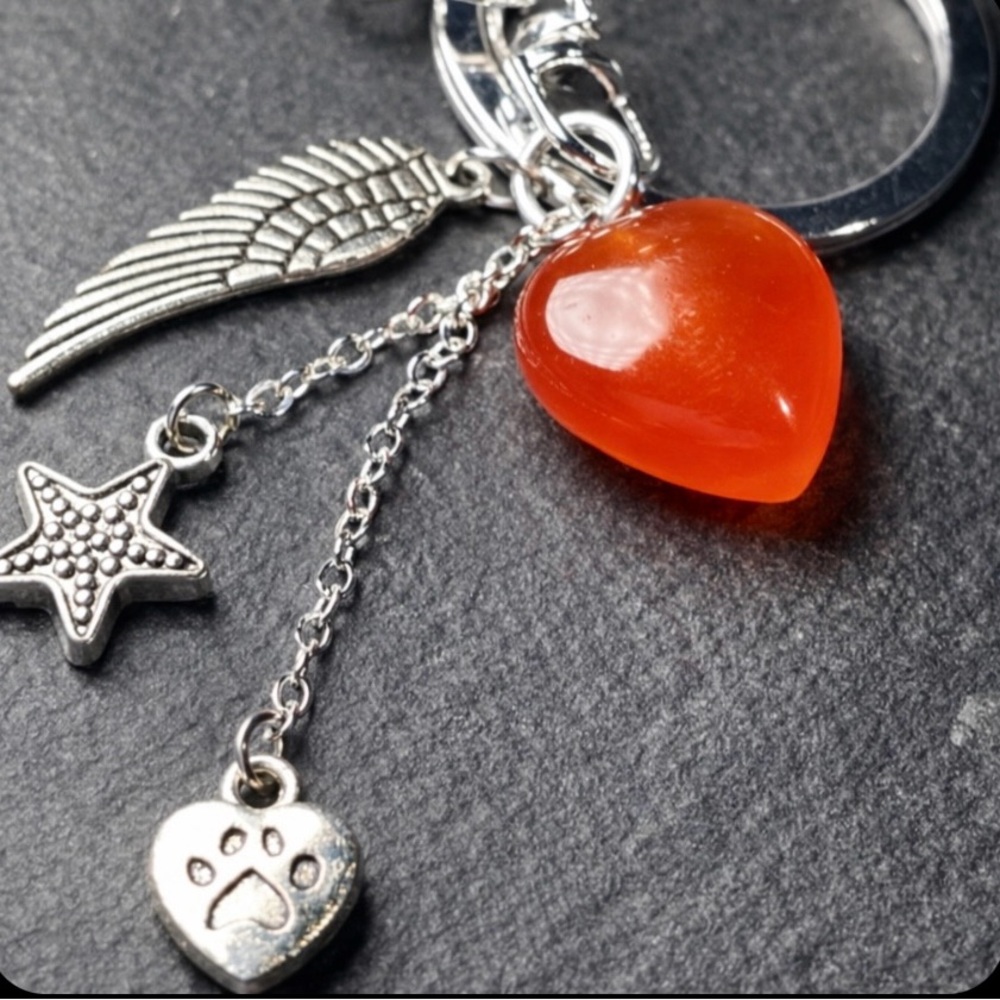 Carnelian Heart Keychain With Angel’s Wing Charm